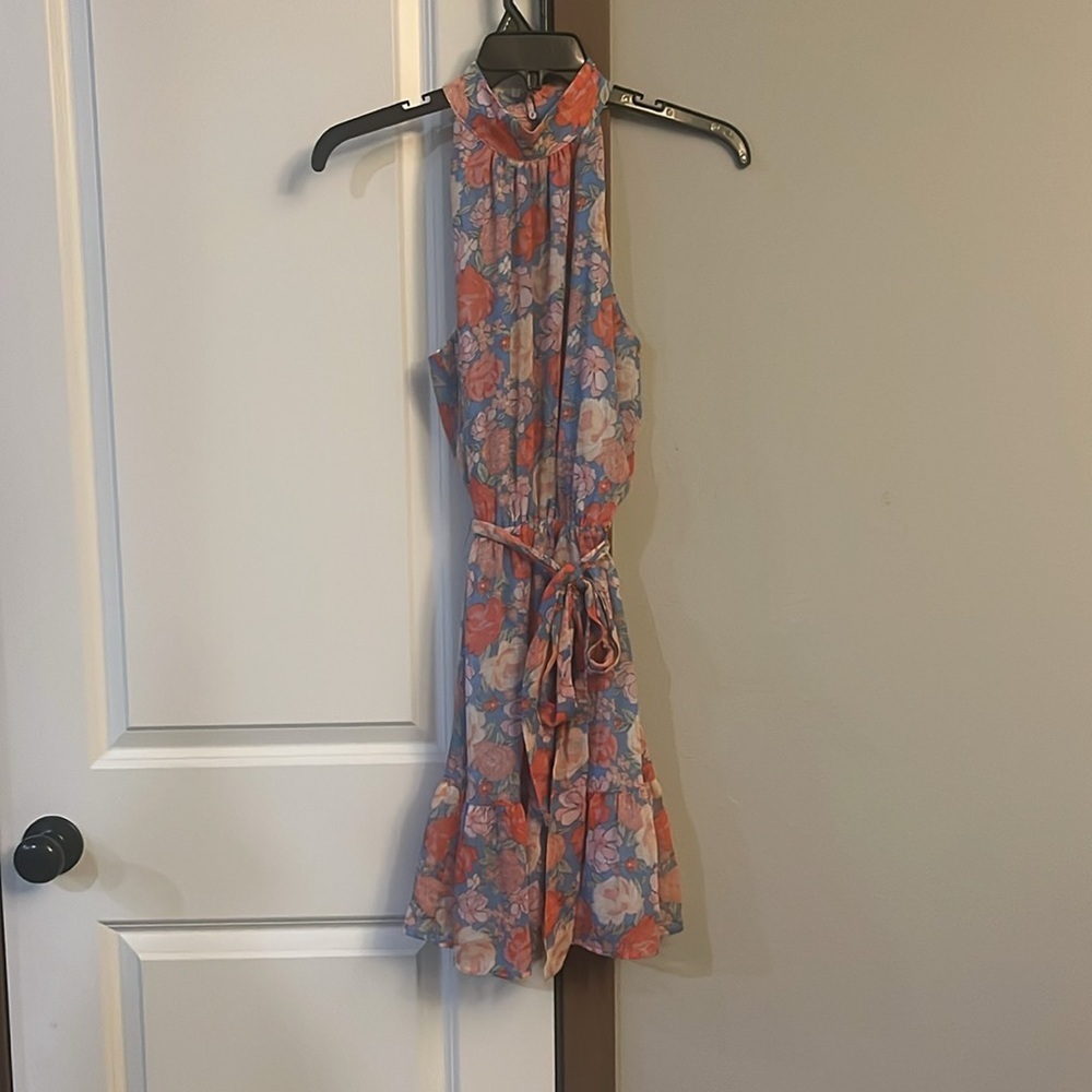 Lush Floral Halter Neck Tie Waist Mini Dress - Picture 2 of 6